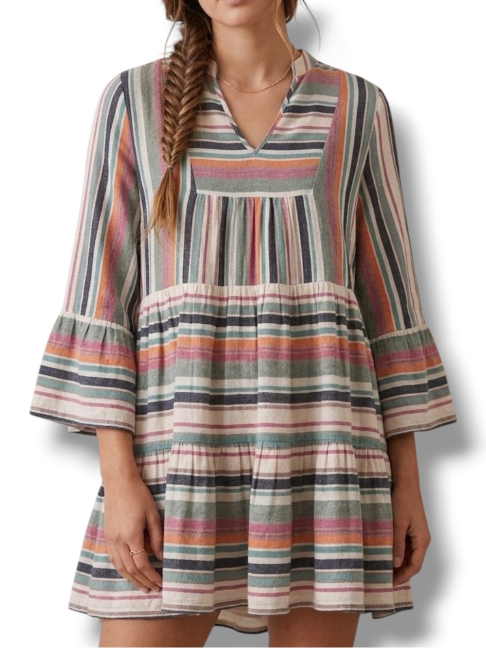 Entro Boho Cotton Blend Rainbow Striped Tiered Babydoll Mini Dress Bell Sleeve L